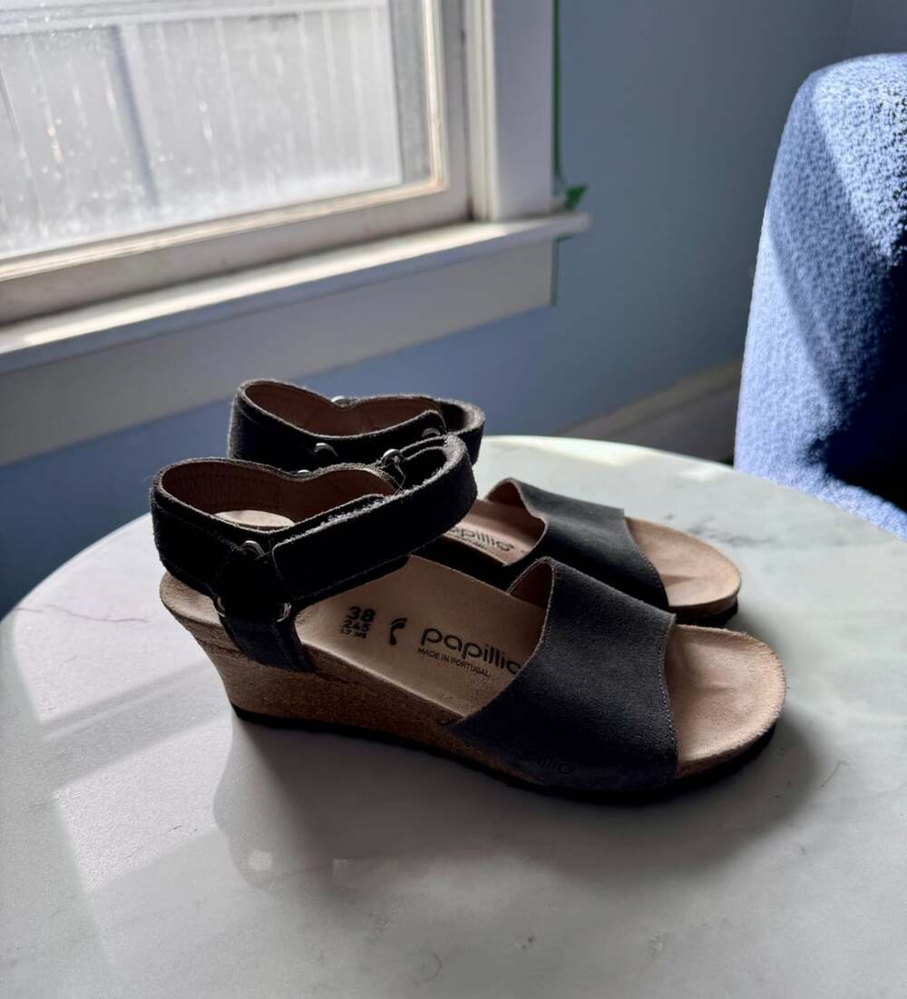 Birkenstock Papillio Eve Grey Suede Wedge Sandals Shoes Size 38